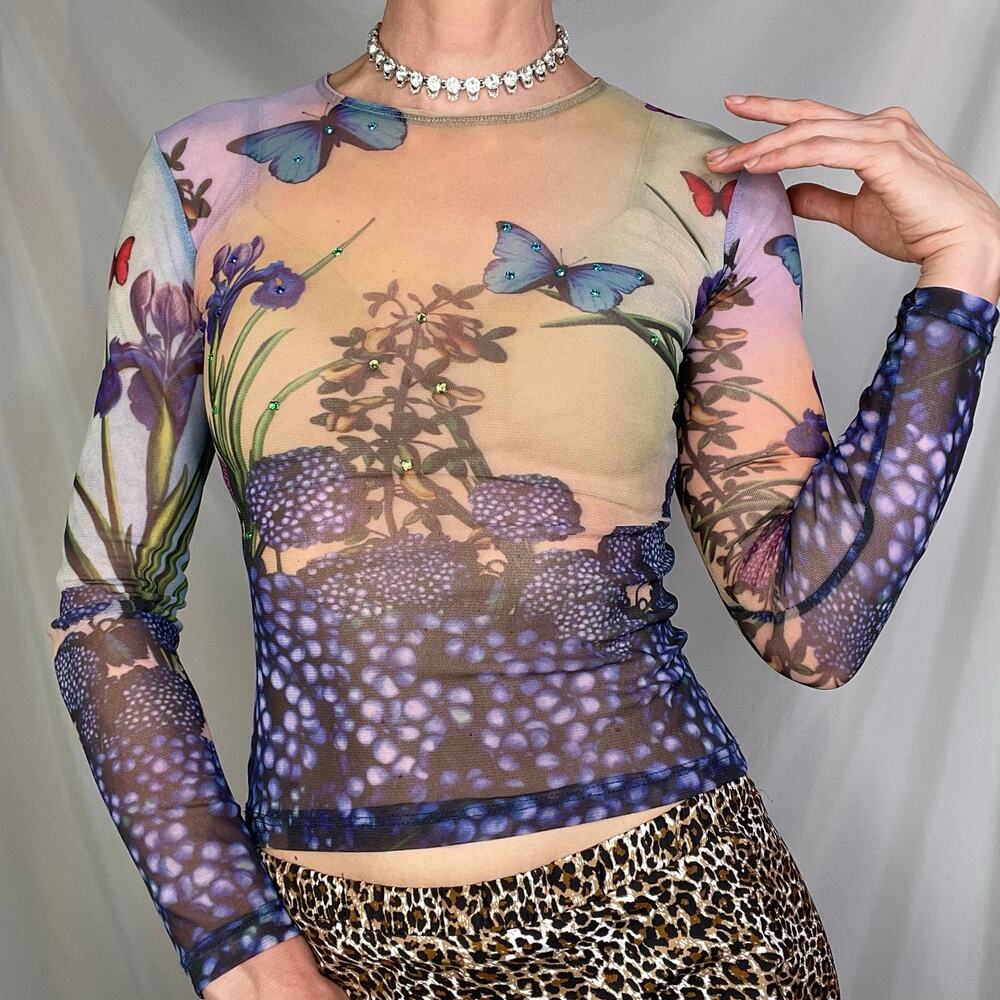 SOLD Just In Time USA floral butterfly mesh top vintage Y2K rhinestone beaded S - Picture 13 of 13